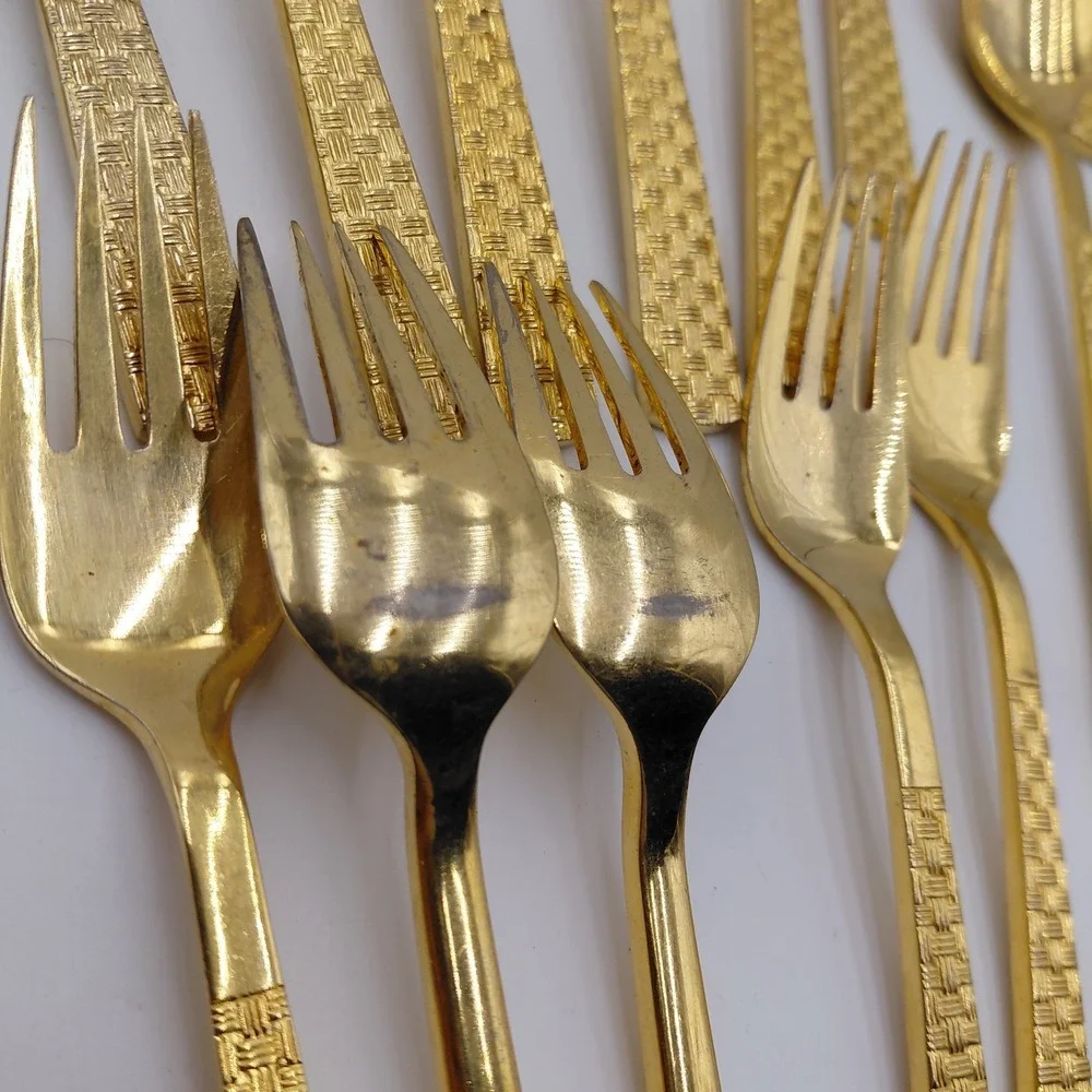 Stanley Roberts Inc. Gold Flatware Stainless Japan Golden Basket Weave 47 Pcs